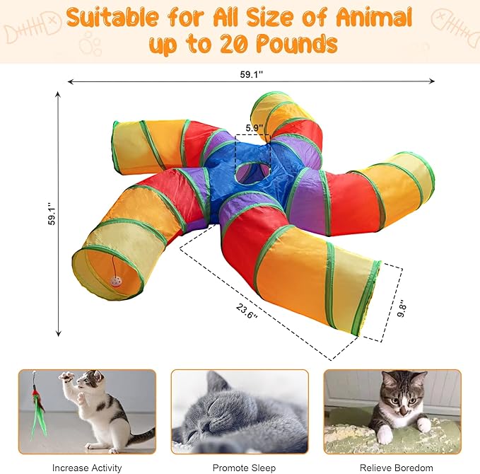 Depets Cat Tunnel for Indoor Cats, 5 Way Large Cat Play Tunnel & Tube with Play Ball, S-Shaped Folded Pet Tube with Interactive Peephole, Ideal for Indoor Exercise for Kittens Puppies Rabbits