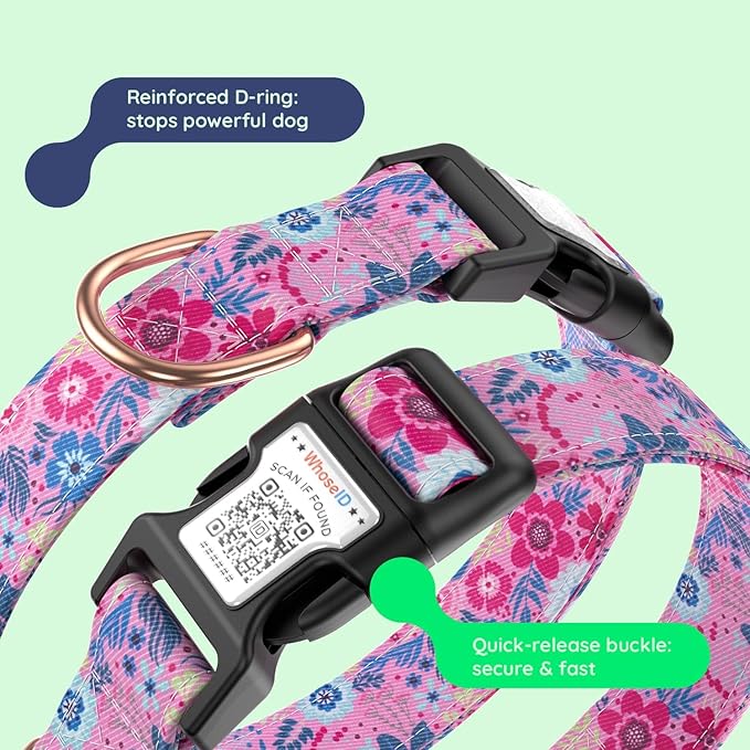 WhoseID Airtag Dog Collar,with Waterproof airtag Holder竊똎riginal Stylish Cute Pattern Design.QR Code ID Buckle竊똂omfortable Soft Cotton for Small Medium Large Dogs