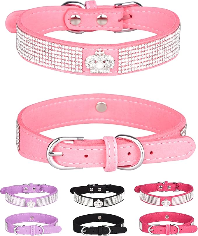 Bling Dog Collar for Small Medium Large Dogs, Crown Rhinestone Dog Collars for Girl and boy Dog, Diamond Puppy Collars, Adjustable Leather Suede SOFE Cat Collar (L(15"-18.1"/38CM-46CM), Pink)