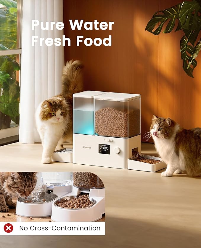 oneisall Automatic Cat Feeder and Water Dispenser, 36Cups/8.5L 2-in-1 Large Capacity 5L Timed Cat Food and 3.5L Gravity Water Dispenser for Pets, Puppies, Kittens