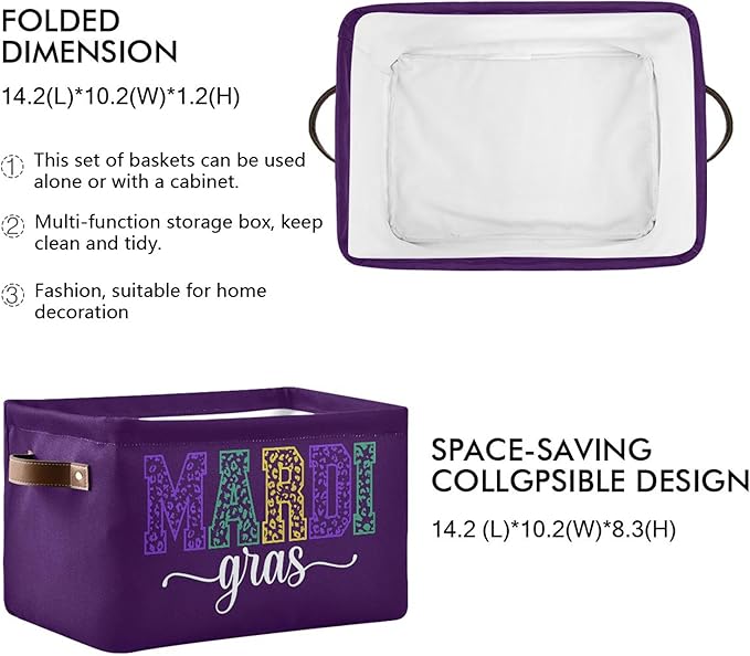 Wamika Happy Mardi Gras Purple Storage Basket with Waterproof Liner and PU Handles Fleur de Lis Storage Bins Boxes 14.2" Collapsible Decorative Organizer Baskets for Bedroom Closet Office 1 Pack