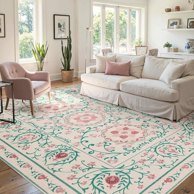 Pink Rug for Living Room Bedroom, Floral 6x9 Washable Rugs, Vintage Boho Style, Large Non Slip Flower Carpet for Indoor Dining Room, Girls/Nursery/Kids Room (Pink/Green 6x9ft)