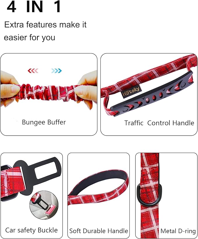 Hotsky Tactical Dog Leash Heavy Duty for Medium Large Dogs That Pull,4-6Ft Strong Bungee Shock Absorbing No Pull Dog Leash with Padded Double Handle and Car Seatbelt,Red Plaid