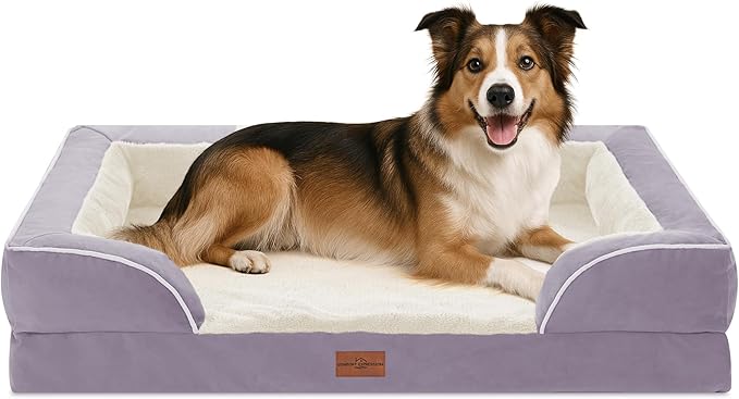 Comfort Expression Orthopedic Dog Bed for Large Dogs 38x25 Inch, Waterproof Supportive Egg Crate Foam Large Pet Bed with Removable Bolsters, Dog Couch with Washable Cover & Non-Slip Bottom, Purple