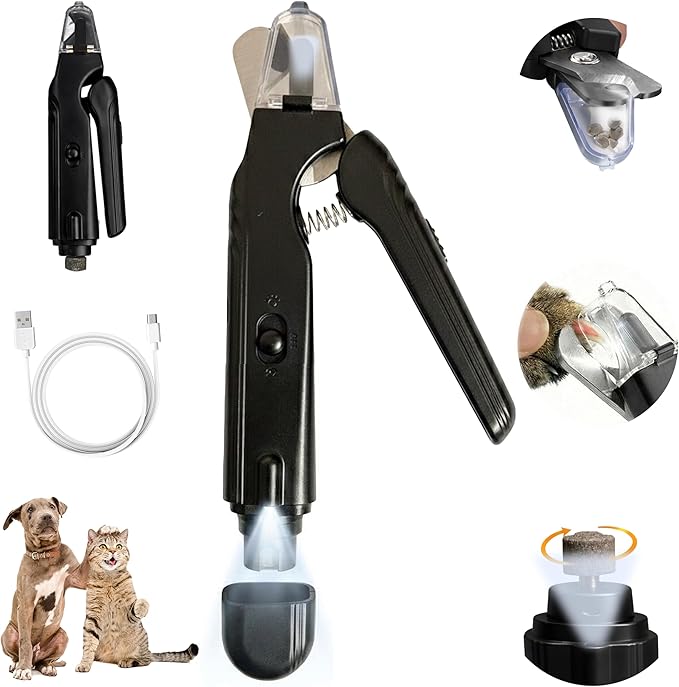 2-in-1 Dog Nail Clippers & Cat Nail Clipper with 2 LED Lights, USB Rechargeable with Safety Guard, Low Noise Grooming Tool for Small, Medium & Large Dog and Cat Nail Trimmer (Black)