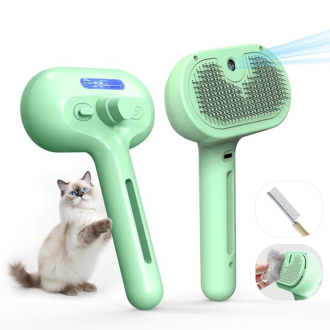 Pet Grooming Brush with Electronic Mist Spray - Gentle Deshedding Tool for Cats & Dogs, Pet Steam Brush，Reduces Shedding, Soft Bristles, Promotes Healthy Coat-Comes with a hair smoothing comb-Greener
