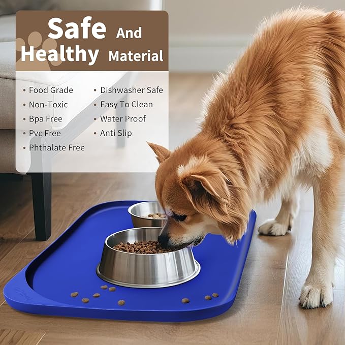 Silicone Pet Food Mat with Raised Edge for Food and Water Bowl, Dog Feeding Mats, Cat Food Trays for Floor Waterproof, Rubber Tray for Dogs and Cats, 24 x 16 x 0.8 Beige