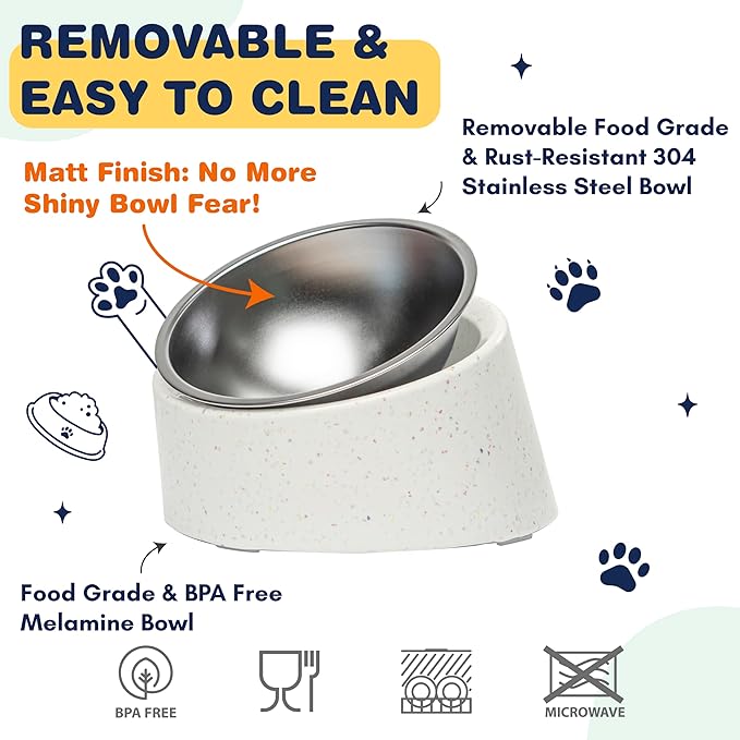 Bzyoo Pet Bowl for Small Dogs & Cats, Stylish Sprinkle Design, Elevated, (White w/Scoop, 2 Cups w/Scoop)