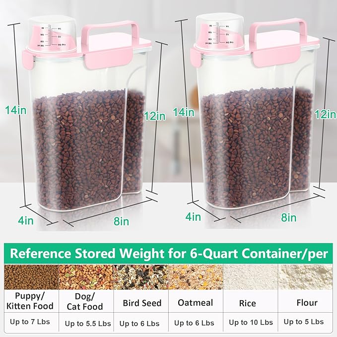 TBMax 2 Pack Cat Dog Food Storage Containers 10 to 14 Lbs, Portable Travel Pet Container Dispenser with Easy-Pouring Spout & Cup, Airtight Bird Seed Container Dog Treat Storage Bin -Pink
