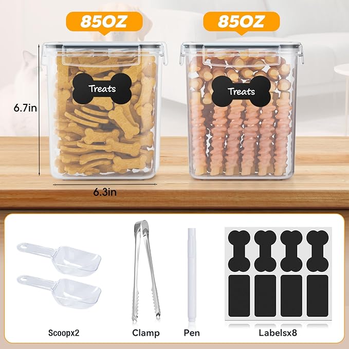 Dog Treat Storage Container Airtight for Countertop, Dog Treat Jar with Lid for Food Storage Organizer, 2 Pack Pet Food Holder for Kitchen with Scoops, Gift for Pet Owners