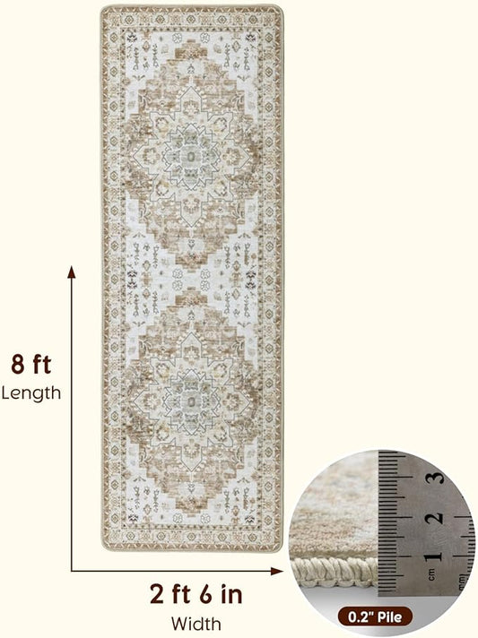 LBRO2M Boho Washable Runner Rug 2'6“X8’ Cream Washable Hallway Runner Rugs Non Slip Low Piles Rugs, Soft, Area Rug Runners for Hallways, Bedroom, Kitchen Laundry Room (2'6"X8', Butter Cream)