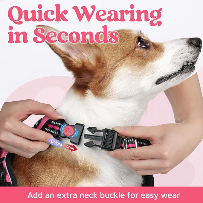 rabbitgoo Dog Harness Medium Sized, No Pull Dog Vest with 3 Buckles, Adjustable Soft Padded Pet Harness with Easy Control Handle and Reflective Strips, Pink, M
