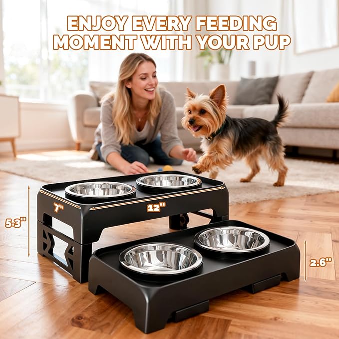 Elevated Dog Bowls for Small Medium Dogs - Adjustable Mess Proof Raised Dog Bowl Stand with 2 Premium 17oz Stainless Steel Food Bowl Dish Feeder Adjusts to 2.6’’- 5.3’’ Non-Slip Black