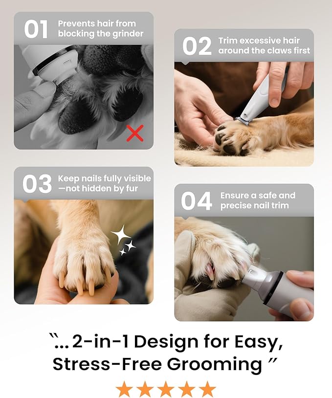 2 in 1 Dog Nail Grinder Quiet and Dog Paw Trimmer, Powerful Painless Electric Dog Nail Trimmers for Large Medium Small Dogs, Rechargeable Cordless Dog Hair Clippers for Paws, Ears, Eyes, Rump