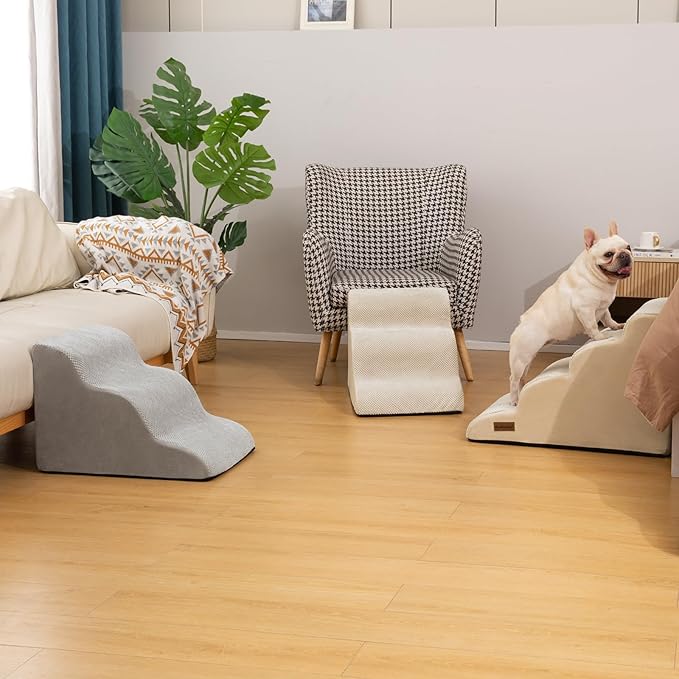 Dog Stairs for High Bed,5 Step Dog Ramp for Small and Medium Dogs,Pet Stairs with Non-Slip Bottom for Puppy, Older Cat,Indoor Pet Steps,Comfort,Durable,22.4" H,Beige