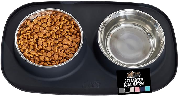 GORILLA GRIP Feeding Mat Set, 4 Cup, Patent Pending 100% Waterproof BPA Free Silicone, Stainless Steel Cat and Dog Bowls, Slip Resistant, High Edges Catch Water Food, US Designed Pet Accessories Black