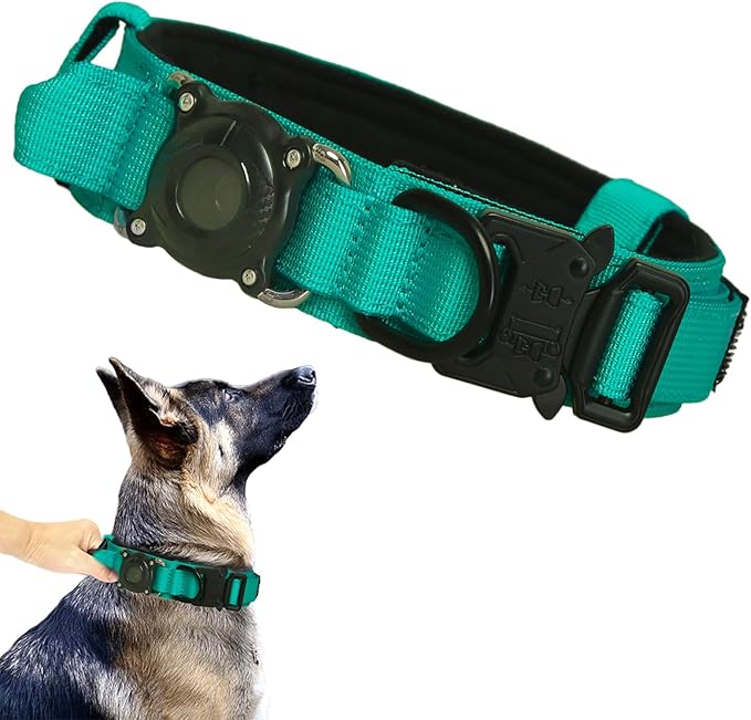 Xqpetlihai Upgraded AirTag Dog Collar Waterproof Tactical Dog Collar with AirTag Holder Heavy Duty Dog Collars for Large Dogs (Teal，XXL