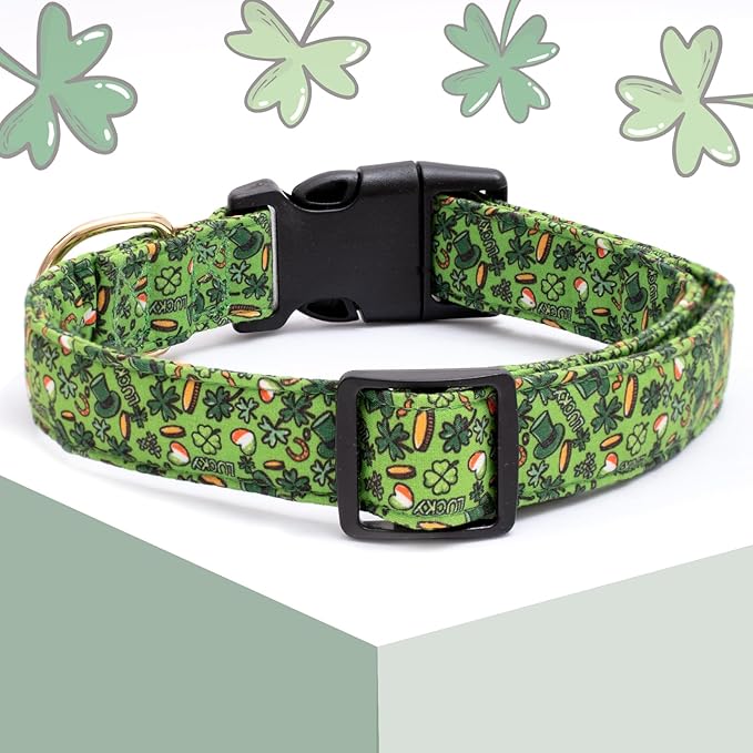 Faygarsle St Patrick's Day Dog Collar Cute Holiday Collar for Small Medium Large Dogs Green Trefoil Print Lucky Straw Cotton Dog Collar S