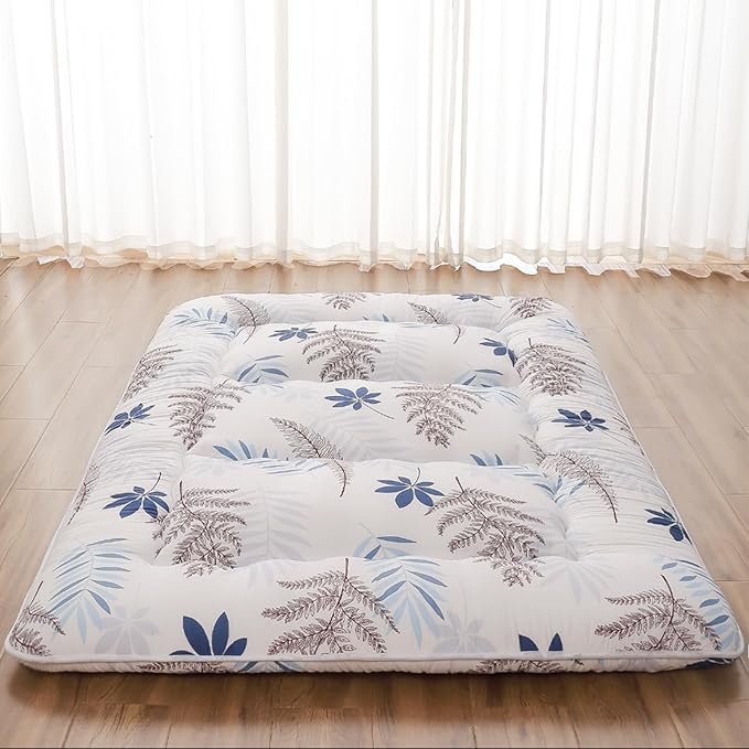 Japanese Floor Mattress, Futon Mattress with Portable Storage Bag and Washable Cover, Roll Up Thick Tatami Mat Suitable for Camping, Guest Room, White Leaf, Queen