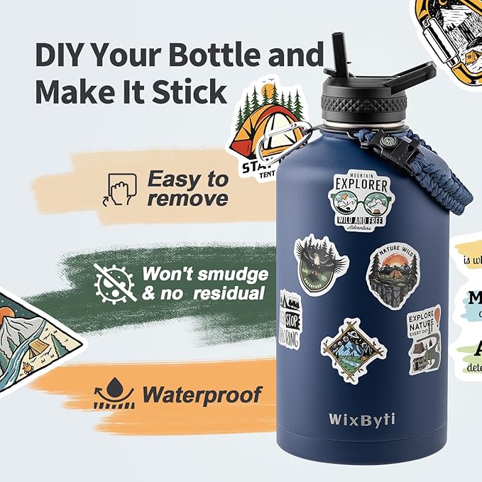 One Gallon Water Bottle Insulated, Triple Wall Vacuum Cold for 48 Hrs & Leak-proof & Non-BPA, 128oz Large Sports Stainless Steel Water Jug with Paracord Handle Straw Spout Lids & DIY Stickers