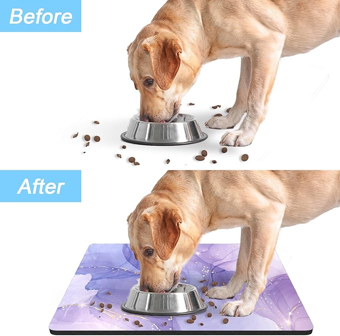 Rnivvi Dog Food Mat, 16" x 24" Marble Absorbent Dog Cat Bowl Mat for Food and Water, Cute Anti-Slip Rubber Pet Feeding Rug Protect Floors, Puppy Placemat for Feeding & Watering Supplies, Purple