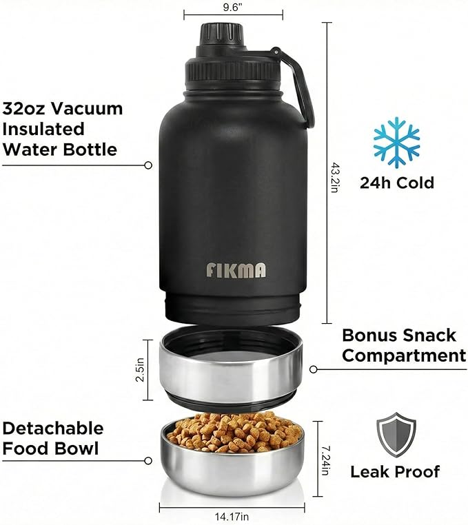 3-in-1 Dog Water Bottle with 2 Bowls, 32oz Insulated Stainless Steel Travel Bottle for Pets & Humans, Leak-Proof Portable Design for Hiking, Camping & Travel (Black)