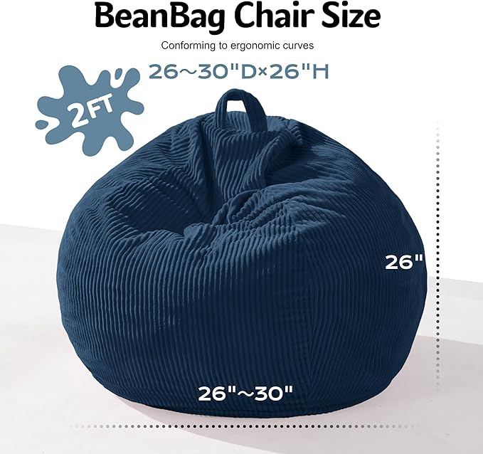 Homguava 2FT Bean Bag Chair,Teardrop Bean Bags Small Beanbag Chair with Memory Foam Filled and Ultra Soft Corduroy Cover for Living Room, Bedroom(Dark Blue)