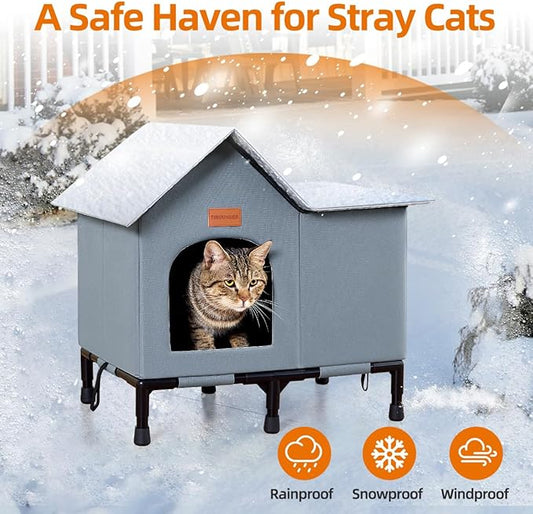 Insulated Cat Shelter Weatherproof Outdoor Cat House with Self-Warming Insulation Raised Bottom and Waterproof Roof for All-Season Protection (Grey, Large)