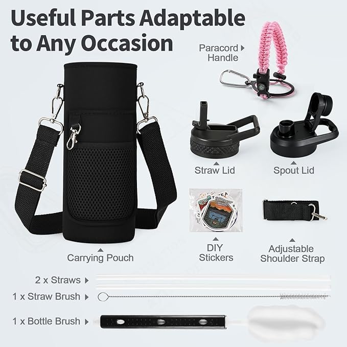 40 oz Insulated Water Bottle with Straw (Cold for 48 Hrs), Stainless Steel Triple Wall Vacuum Sports Water Jug, Leakproof Hydro Cup Flask with Paracord Handle & Straw Spout Lids & DIY Stickers