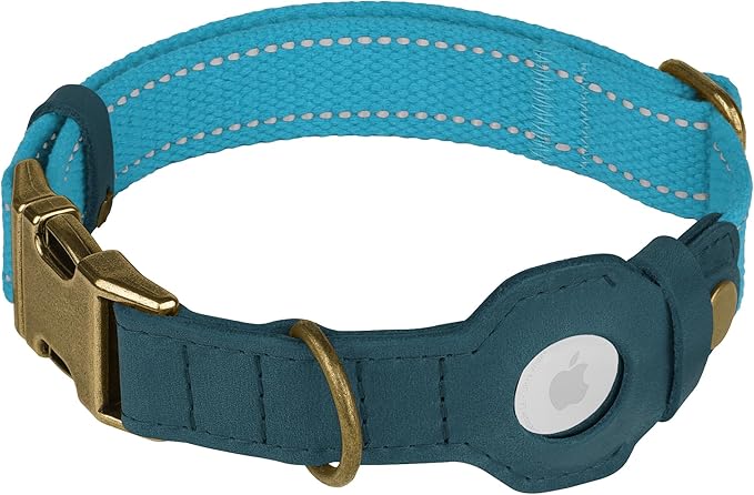 Reflective Leather Dog Collar with AirTag Holder - Soft Apple Airtag Dog Collar with Metal Buckle - Safety Cotton Pet Collars for Dogs Small Large Dogs Puppy (Sky Blue, L, 17"-21")