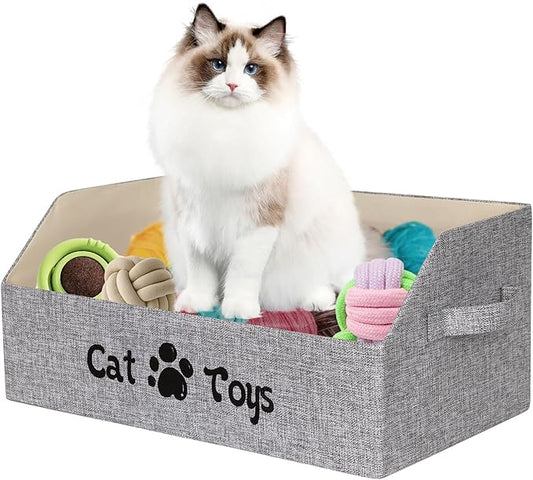 19.7 in Cat Toy Bin, Cat Toy Storage Box Kitten Toy Basket Collapsible Pet Supplies Storage Chest Holder Organizer with Handles for Organizing Dogs Cats Toys Clothes Accessories, Gray