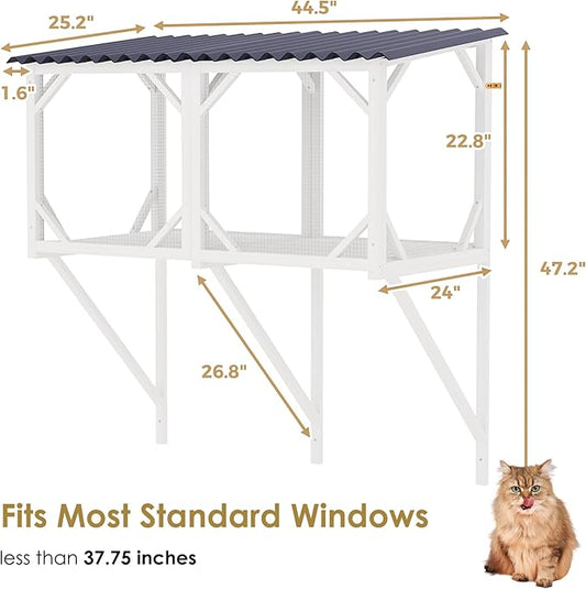 Cat Window Perch, Cat Catio for Large Indoor Cats, Outdoor Pet House Weatherproof, Catio Outdoor Enclosure, Space-Saving Pet Furniture for Window Naps and Sunbathing (Ancient White, 43.3)