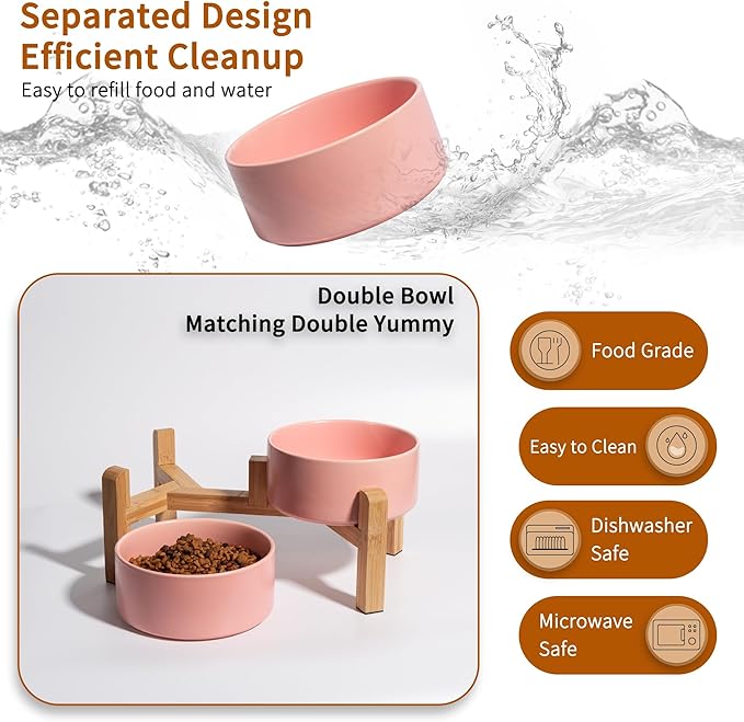 Elevated Ceramic Dog Bowl Set - Raised Dog Bowls with Non-Slip Bamboo Stand - Dog Food and Water Bowl Set - Double Dog Feeding Bowls - Suitable for Small and Medium Dogs - 28.74 OZ - 3.6 CUPS - 850 ML
