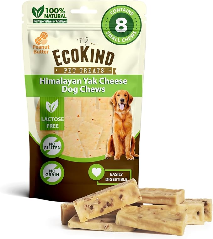 EcoKind Premium Gold Yak Cheese Himalayan Dog Chews, Healthy Dog Treats for Small Dogs, All Natural, High Protein Chew, Peanut Butter, Small - 8 Chews