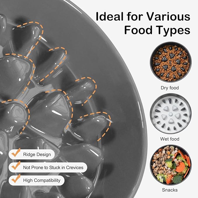 Sted Ceramic Slow Feeder Dog Bowls with Silicone Base, Slow Feeding Dog Bowl Small Medium Breed, Dog Food Bowls for Fast Eaters, Slow Down Eating, Puzzle Dog Food Bowl, Maze Grey