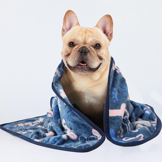Luciphia 1 Pack 3 Blankets Fluffy Premium Fleece Pet Blanket Flannel Paw Bone Printed Throw for Dog Cat(Small 23"x16", Khaki/Blue/Navy)