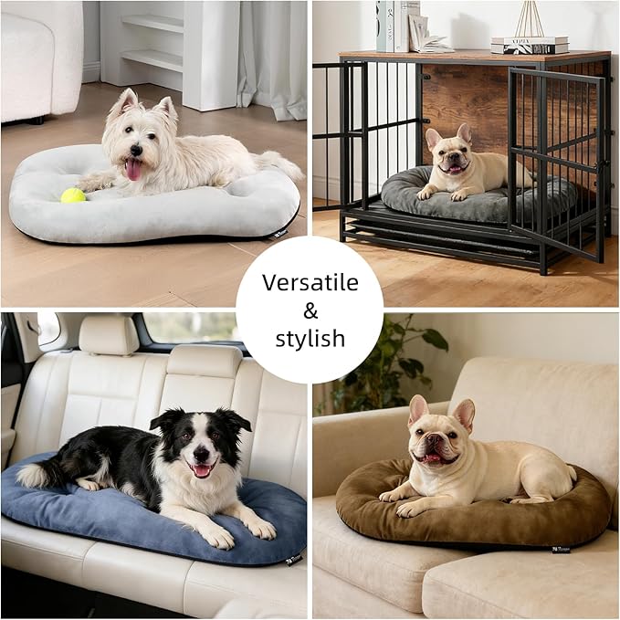 Washable Large Dog Bed for Medium & Large Breeds, Non-Slip Bottom & Plush Faux Silver Fox Fur Oval Cushion Pad for Big Dogs, Soft Mat for Crates, Light Grey, 41x27 Inch