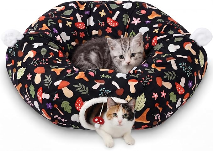 Aliceset Mushroom Spring Cat Tunnel Bed for Indoor Cats 3ft x 3ft x 10in Foldable Cat Donut Tunnel with Washable Cushion Mushroom Pet Peekaboo Cave Toy for Small Kitten Kitty