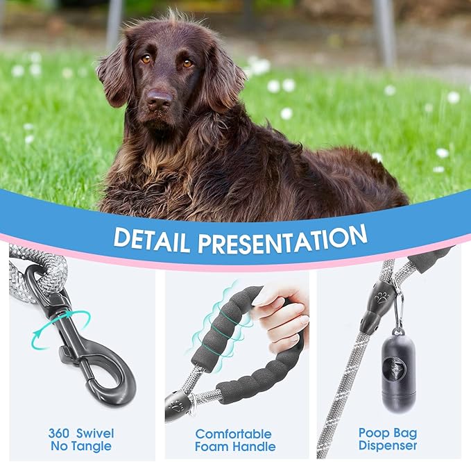 BAAPET 2/4/5/6 FT Dog Leash with Comfortable Padded Handle and Highly Reflective Threads for Small Medium and Large Dogs (6FT-1/2'', Grey)