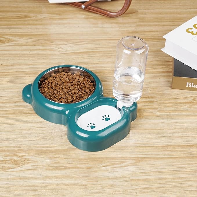 Dog Bowls, Cat Food and Water Bowl Set with Water Dispenser and Stainless Steel Bowl for Cats and Small Dogs - Dark Green