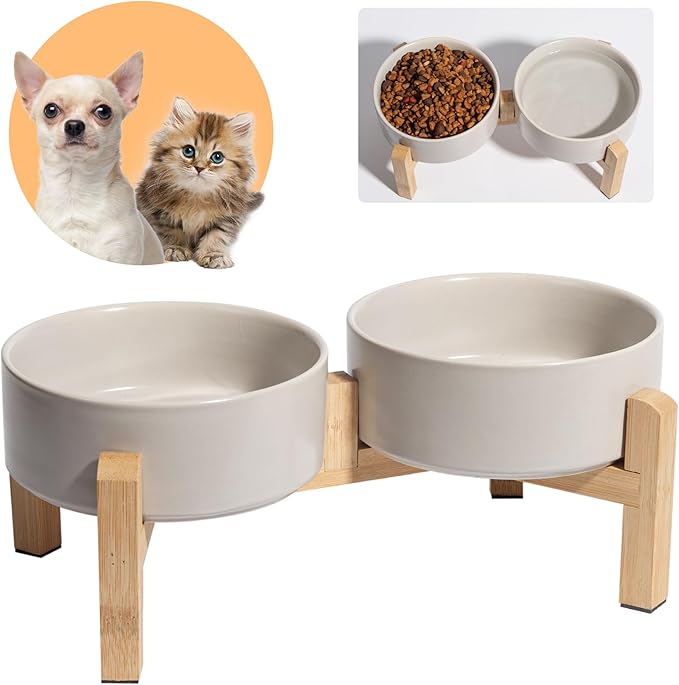 Elevated Ceramic Dog Bowl Set - Raised Feeding Bowls with Non-Slip Bamboo Stand - Small Pet Dishes for Food and Water - Ideal for Cats and Puppies - 16.23 OZ - 2 Cups - 480 ML