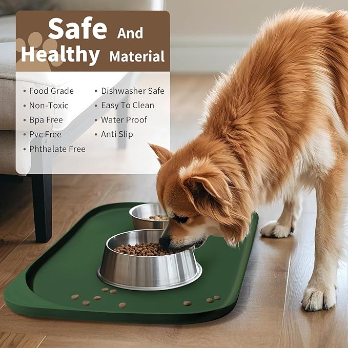 Silicone Pet Food Mat with Raised Edge for Food and Water Bowl, Dog Feeding Mats, Cat Food Trays for Floor Waterproof, Rubber Tray for Dogs and Cats, 22 x 14 x 0.8 Dark Olive