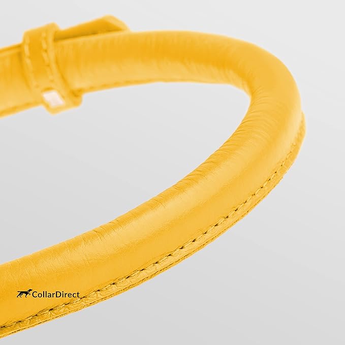 CollarDirect Rolled Leather Dog Collar, Soft Padded Round Puppy Collar, Handmade Genuine Leather Collar Dog Small Large Cat Collars 13 Colors (6-7 Inch, Yellow Textured)