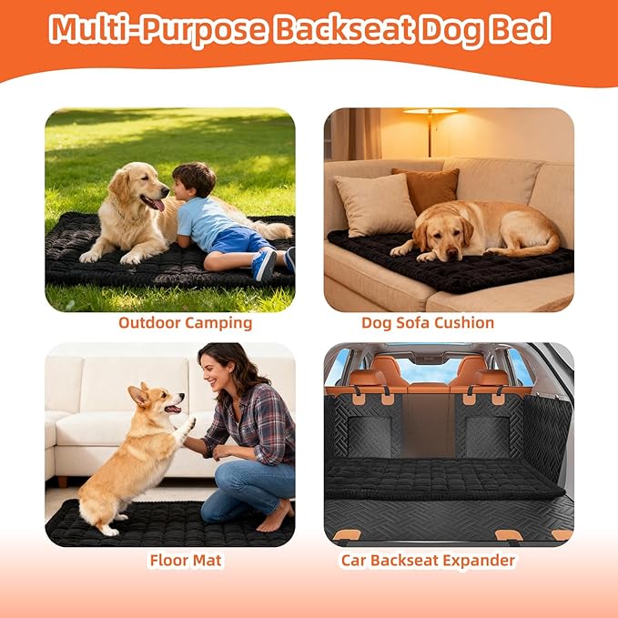 Backseat Pet Bed Mat, Deluxe Dog Seat Covers,Truck Plaid Dog Bed for Car Back Seat, Non-Slip Travel Pet Mat, Back seat Extenders for Car/SUV (for L-Black)