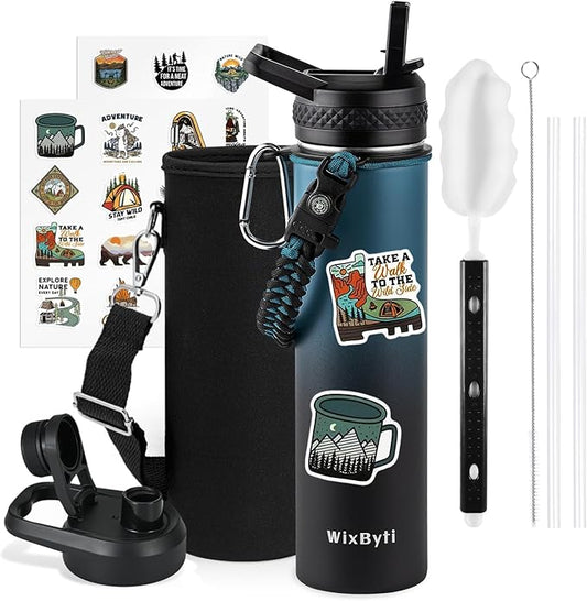 24 oz Insulated Water Bottle with Straw (Cold for 48 Hrs), Stainless Steel Triple Wall Vacuum Sports Water Jug, Leakproof Hydro Cup Flask with Paracord Handle & Straw Spout Lids & DIY Stickers