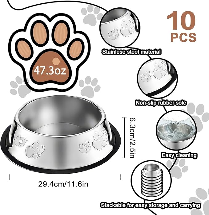 10 Pcs Stainless Steel Dog Bowl Pet Feeding Bowl with Rubber Base Non-Slip Pet Dishes Metal Dog Bowls Pet Food and Water Bowls for Small Medium Animals Kitten Rabbit (47.3 oz)