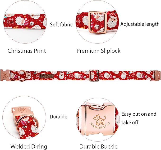 Elegant little tail Christmas Dog Collar, Red Santa Claus Print Pet Collar Dog Durable Cute Dog Collars Winter Holiday Male or Female Pet Gift Adjustable Dog Collar for Medium Dogs
