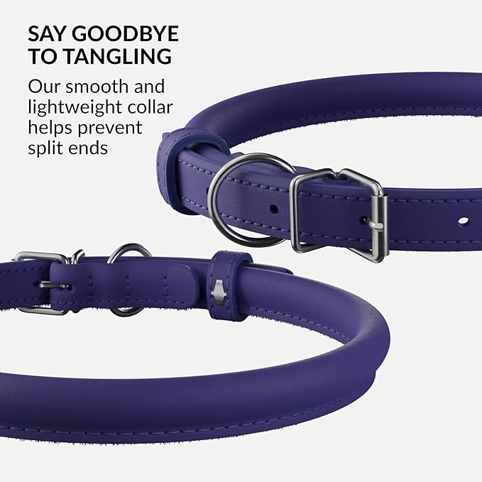 CollarDirect Rolled Leather Dog Collar, Soft Padded Round Puppy Collar, Handmade Genuine Leather Collar Dog Small Large Cat Collars 13 Colors (13-16 Inch, Purple Smooth)