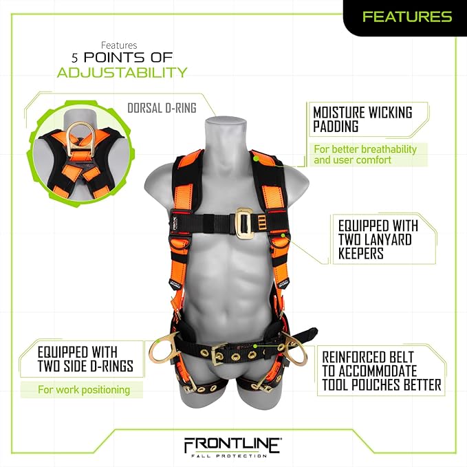 FRONTLINE FALL PROTECTION Harnesses + D-Ring+ Multiple Styles + OSHA and ANSI compliant