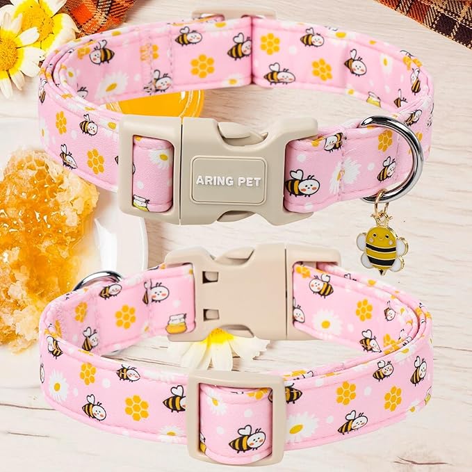 ARING PET Summer Dog Collar, Cute Pink Bee Daisy Floral Pet Collars with Quick Release Buckle for Puppy Small Medium Large Boy Girl Dogs-M